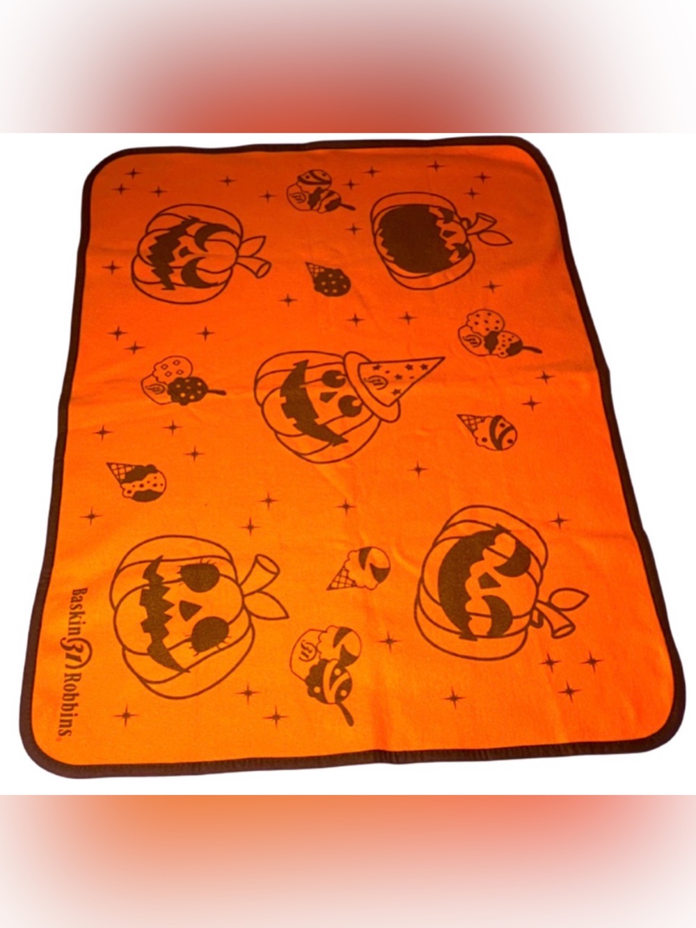 Vintage Baskin Robbins Halloween Baby Blanket Fleece Orange Brown All Over Print